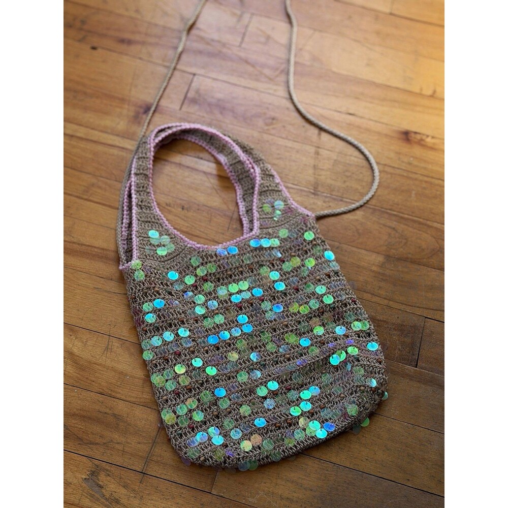 Women’s Crochet Sequin Lined Shoulder Bag, Top Handle, Detachable Strap 14x11